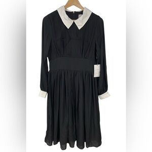 Unique Vintage Black And White Chiffon Pleated Lined Dress Size Size L